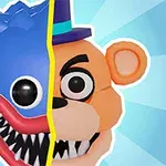青いモンスターの顔とオレンジ色のクマの顔が縦に半分に分かれて一緒に表示された画像。