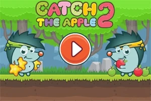 青いハリネズミが林檎を持っている森のイラスト。