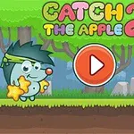 青いハリネズミが林檎を持っている森のイラスト。