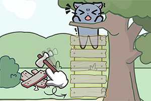 木の上の猫と梯子を壊す手のイラスト。