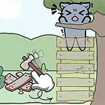 木の上の猫と梯子を壊す手のイラスト。