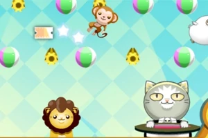 背景がチェック柄の中で、サルが星のエフェクトとともにジャンプしており、周囲にカラフルなビーチボール、ヒマワリ、ライオンとネコが配置されているイラスト。