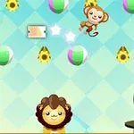 背景がチェック柄の中で、サルが星のエフェクトとともにジャンプしており、周囲にカラフルなビーチボール、ヒマワリ、ライオンとネコが配置されているイラスト。