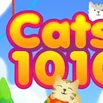 カラフルな背景に「Cats 1010」と書かれたテキストと可愛い猫が描かれているイラスト。