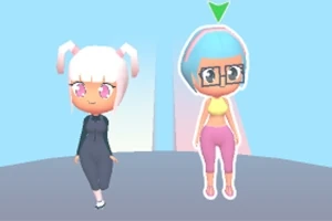 2人のキャラクターが立っており、1人は白い髪のツインテール、もう1人は青い髪にメガネをかけています。