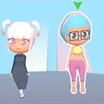 2人のキャラクターが立っており、1人は白い髪のツインテール、もう1人は青い髪にメガネをかけています。