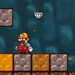 鉱夫の服を着たキャラクターがブロックの上に立っており、頭上にダイヤモンドが浮かんでいる。
