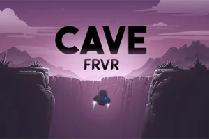 紫色の背景に、中央の谷を飛行している小さな宇宙船と、大きな文字で「CAVE FRVR」と書かれている。