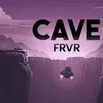 紫色の背景に、中央の谷を飛行している小さな宇宙船と、大きな文字で「CAVE FRVR」と書かれている。