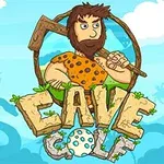 原始人がゴルフクラブを持ち、背景に青空が広がるイラスト。
