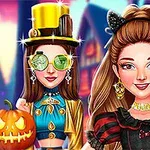 2人の女性がハロウィンの衣装を着て、1人は黒猫の耳をつけ、もう1人はジャック・オー・ランタンを持っている背景。