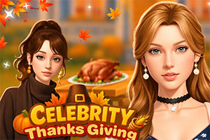 秋の紅葉と七面鳥料理を背景に、感謝祭の装飾の前で微笑む2人の女性と「CELEBRITY Thanks Giving」の文字。