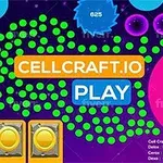 紫色の背景に緑のドットと大きなピンクの円、中央に「CELLCRAFT