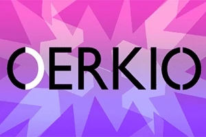 紫からピンクにグラデーションされた背景に太い黒文字で「OERKIO」と書かれている。