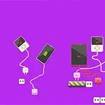 紫色の背景にスマートフォンと充電器が配され、複数のコードが接続されているイラスト。