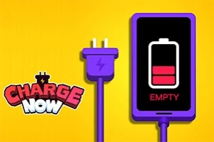 紫色のコードとプラグ、低電力のスマートフォンのバッテリーアイコン、黄色の背景。