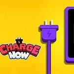 紫色のコードとプラグ、低電力のスマートフォンのバッテリーアイコン、黄色の背景。