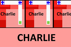 赤いグリッド上に「Charlie」と書かれたエリアと矢印アイコンが並んでいる画像。