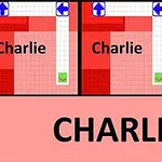赤いグリッド上に「Charlie」と書かれたエリアと矢印アイコンが並んでいる画像。
