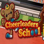女の子が黄色いポンポンを持ち、クマのキャラクターが隣にいるチアリーディングのイラスト。