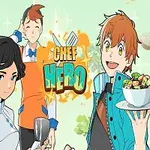 3人のキャラクターが緑の背景の前に立っており、中央の文字の周りには料理の道具を持った人物が描かれています。