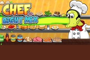 シェフのキャラクターが大量の食材の前に立っており、緑色の光線を発しているイラスト。