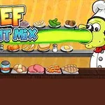 シェフのキャラクターが大量の食材の前に立っており、緑色の光線を発しているイラスト。