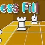 「Chess Fill」というタイトルの下にチェスの駒であるナイト、ルーク、ビショップがオレンジ色のグリッド上に配置されているイラスト。
