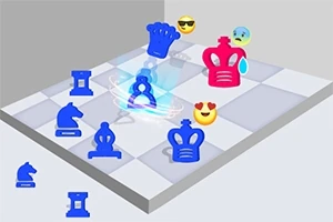 青と赤のチェスの駒が白と灰色のチェスボード上に配置され、周囲に絵文字が浮かんでいる。