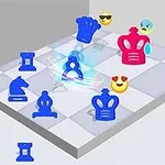 青と赤のチェスの駒が白と灰色のチェスボード上に配置され、周囲に絵文字が浮かんでいる。