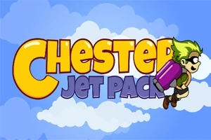 青い空と雲をバックに、ジェットパックを付けた緑の髪のキャラクターと大きなカラフルな文字。
