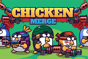 銃を構えた4羽の鶏のキャラクターが並び、上部に「CHICKEN MERGE」の文字と両端に銃が描かれたカラフルなタイトル画像。