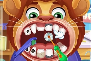 ライオンのキャラクターが口を大きく開け、虫歯の治療を受けている様子。