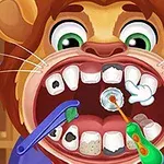 ライオンのキャラクターが口を大きく開け、虫歯の治療を受けている様子。