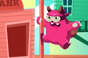ピンク色の角が生えたキャラクターが建物の間を飛び跳ねている様子。