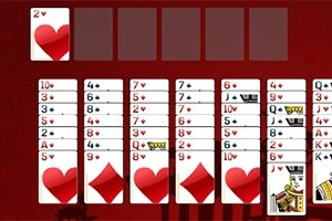 濃い赤色の背景にハートとダイヤのカードが並んでいるカードゲームの画面。
