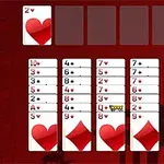濃い赤色の背景にハートとダイヤのカードが並んでいるカードゲームの画面。