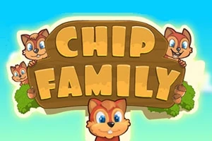 複数のリスが「CHIP FAMILY」と書かれた木の看板の周りに集まっているイラスト。