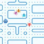 青い迷路に虫のキャラクターと小さなロボットのアイコンが配置されているシンプルなデザイン。