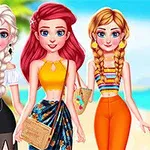 ビーチを背景に3人のファッションスタイルの異なる女性キャラクターが立っているイラスト。
