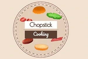 パン、野菜、肉が周囲を囲み、「Chopstick Cooking」という文字が中央にあるデザイン。