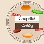 パン、野菜、肉が周囲を囲み、「Chopstick Cooking」という文字が中央にあるデザイン。