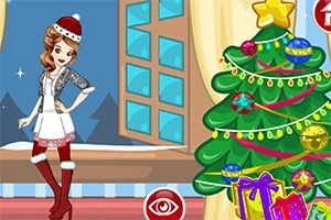 女性がクリスマスの服を着て立っており、右側に飾られたクリスマスツリーとプレゼントがある。