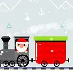 サンタクロースが運転する小さな赤い貨車を連結した黒い汽車が描かれたイラスト。