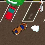 上から見た駐車場で、茶色の車が中央を走っており、赤と紫の車が周りに停まっている様子。