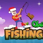 サンタ帽をかぶったキャラクターが釣りをしているクリスマス風のイラスト。
