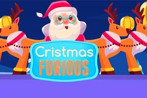 サンタクロースがトナカイを従え、中央に「Cristmas Furious」と書かれた看板を掲げているイラスト。
