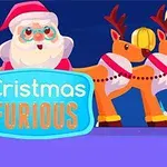 サンタクロースがトナカイを従え、中央に「Cristmas Furious」と書かれた看板を掲げているイラスト。