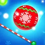 青い背景に、雪の結晶の模様が付いた赤い丸いオブジェクトと、緑と赤の線が描かれている。