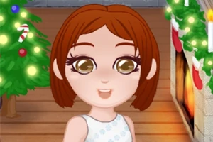 暖炉のそばでクリスマスツリーが飾られた部屋にいる茶髪のアニメ風のキャラクター。